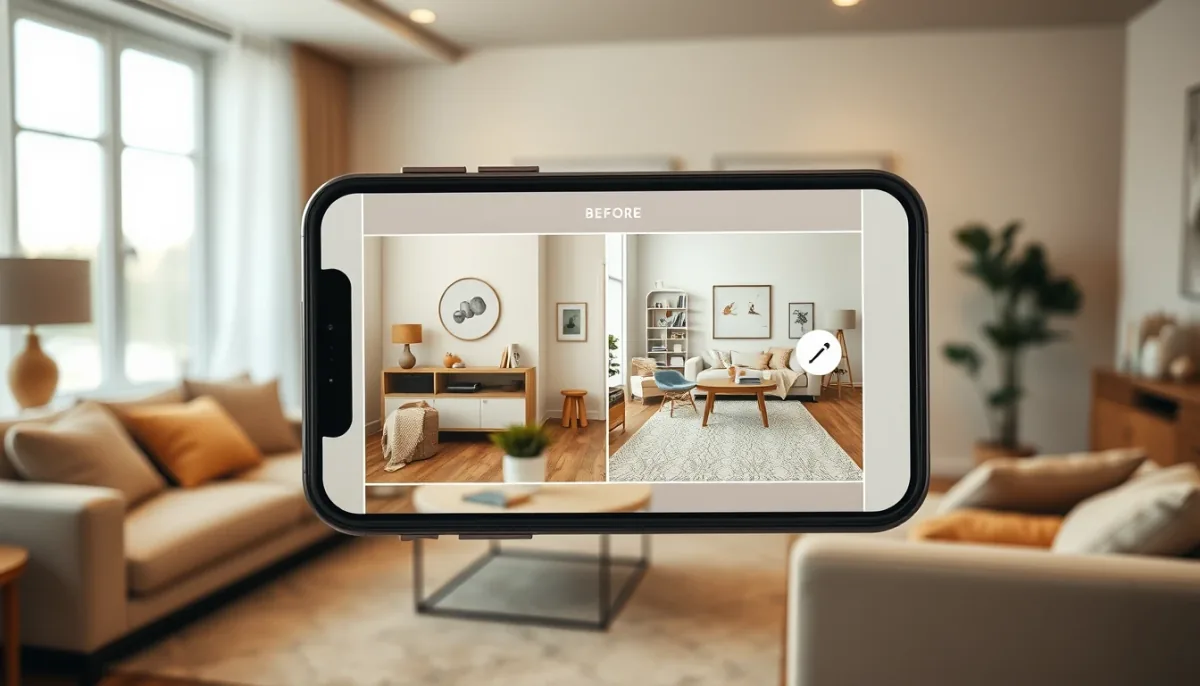 Smartphone montrant l'application de design d'intérieur IA DecorAI dans un salon chaleureux