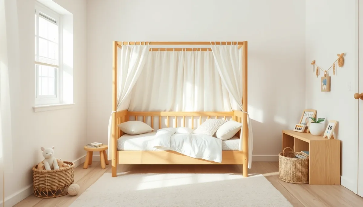 Chambre d'enfant aménagée par l'IA : lit en bois clair et coin lecture