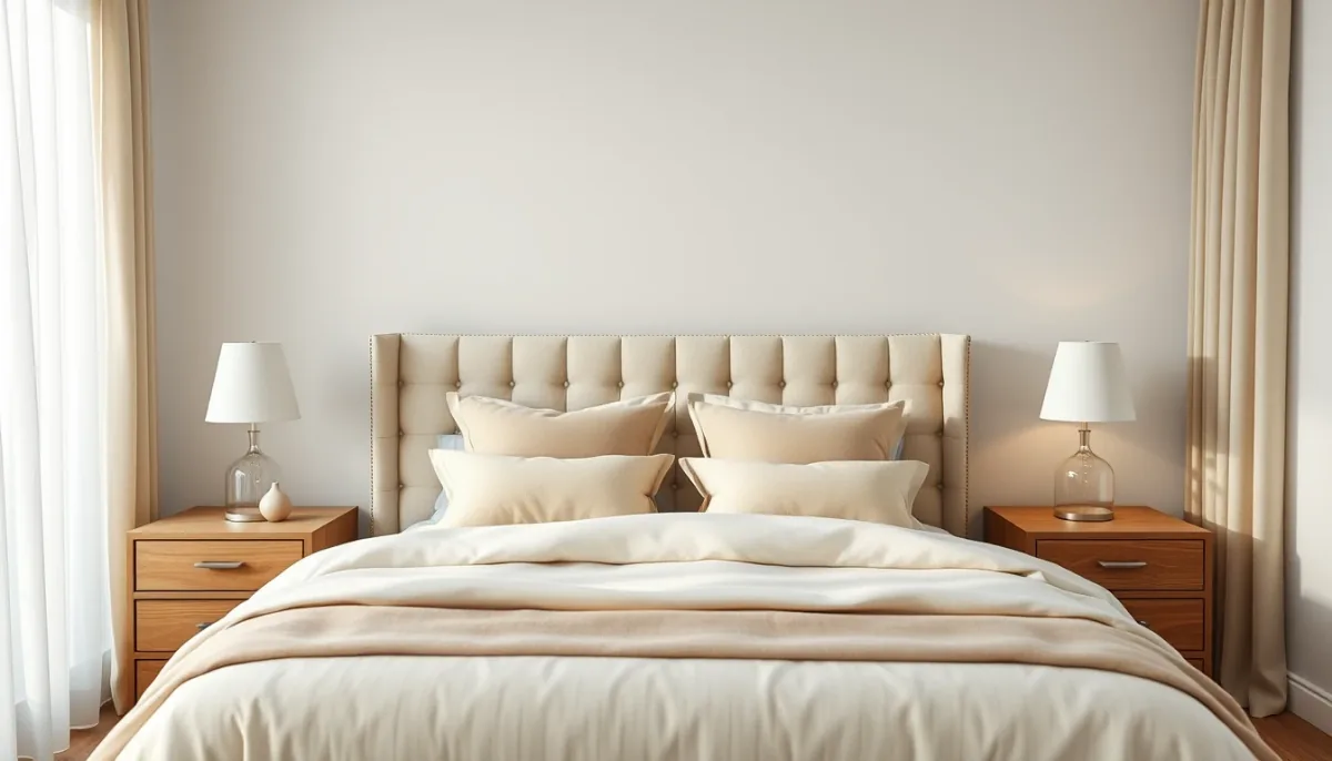 Chambre redécorée par l'IA : tête de lit tapissée et linge en lin
