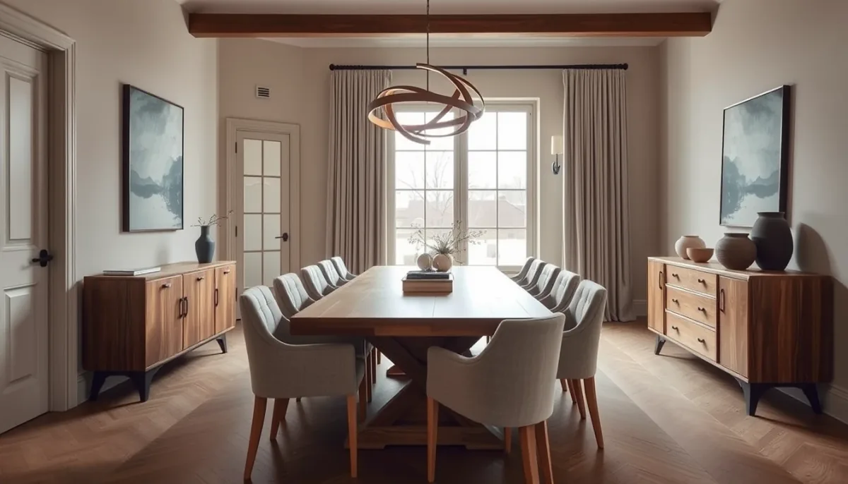 Salle à manger aménagée par l'IA : longue table en chêne et suspension sculpturale