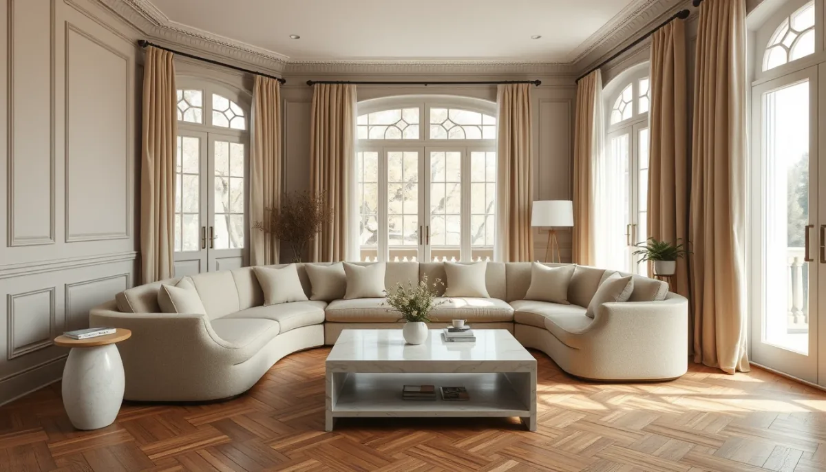 Salon redécoré par l'IA : canapé en bouclette et parquet en chevrons
