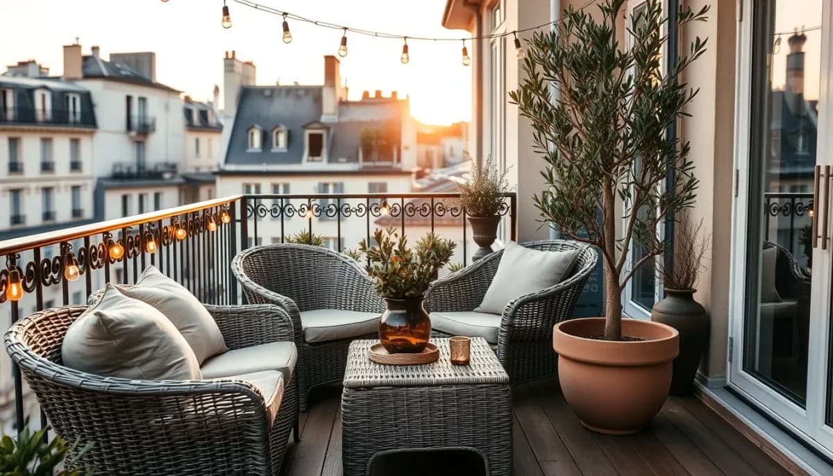 Terrasse parisienne aménagée par l'IA : rotin, guirlandes et olivier en pot