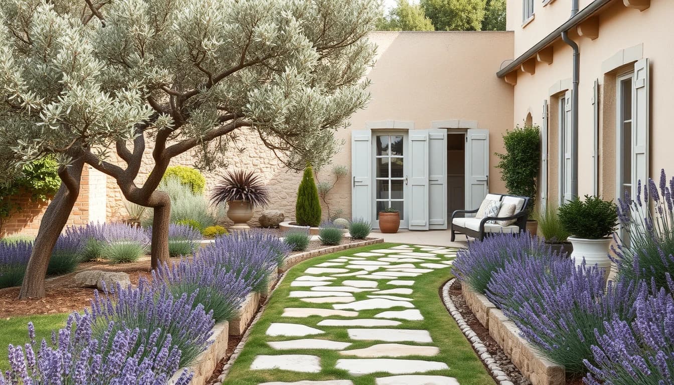 Jardin paysager avec lavande et olivier conçu avec l'IA de DecorAI