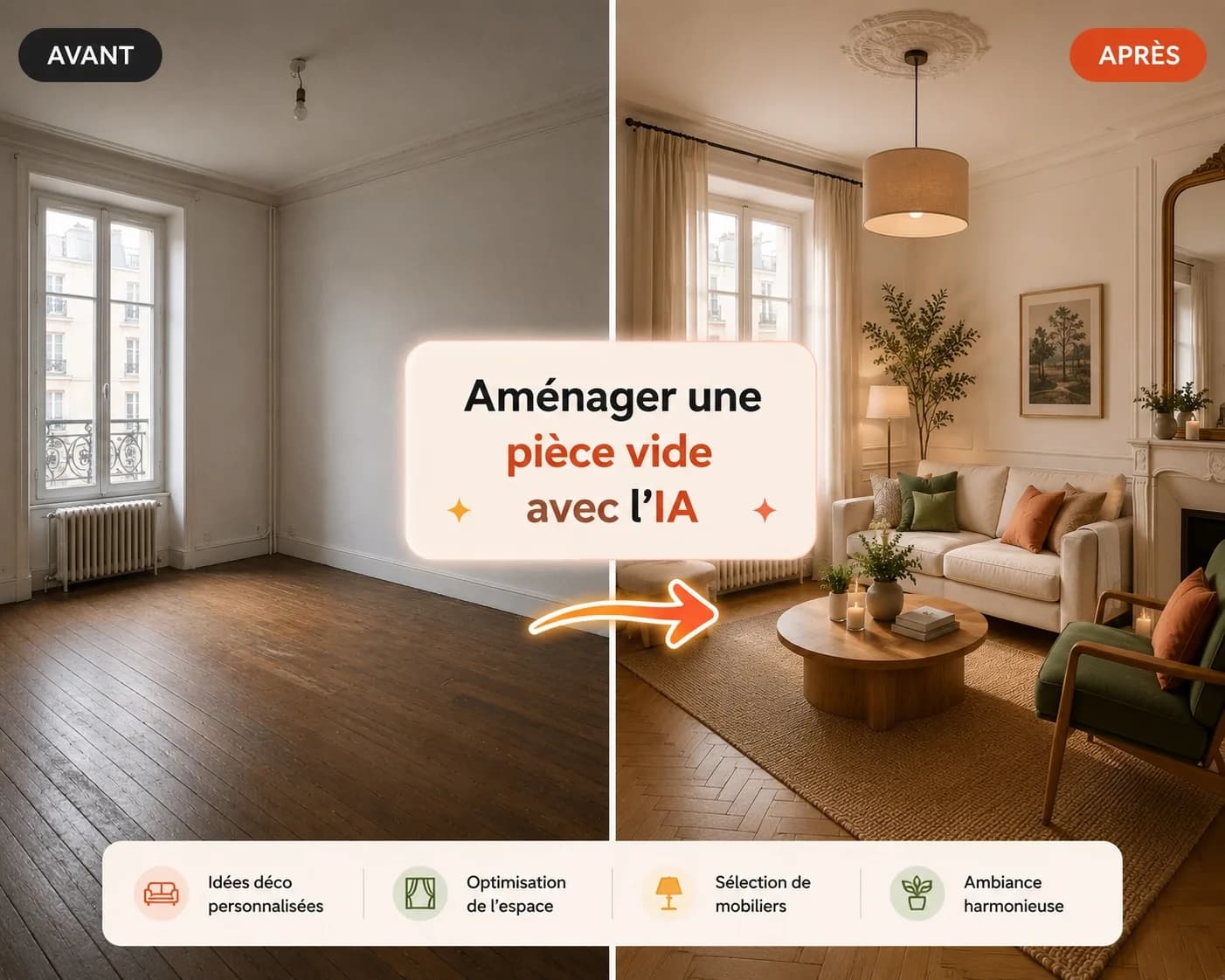 Avant/après DecorAI : une pièce vide haussmannienne entièrement aménagée en salon chaleureux par l'IA